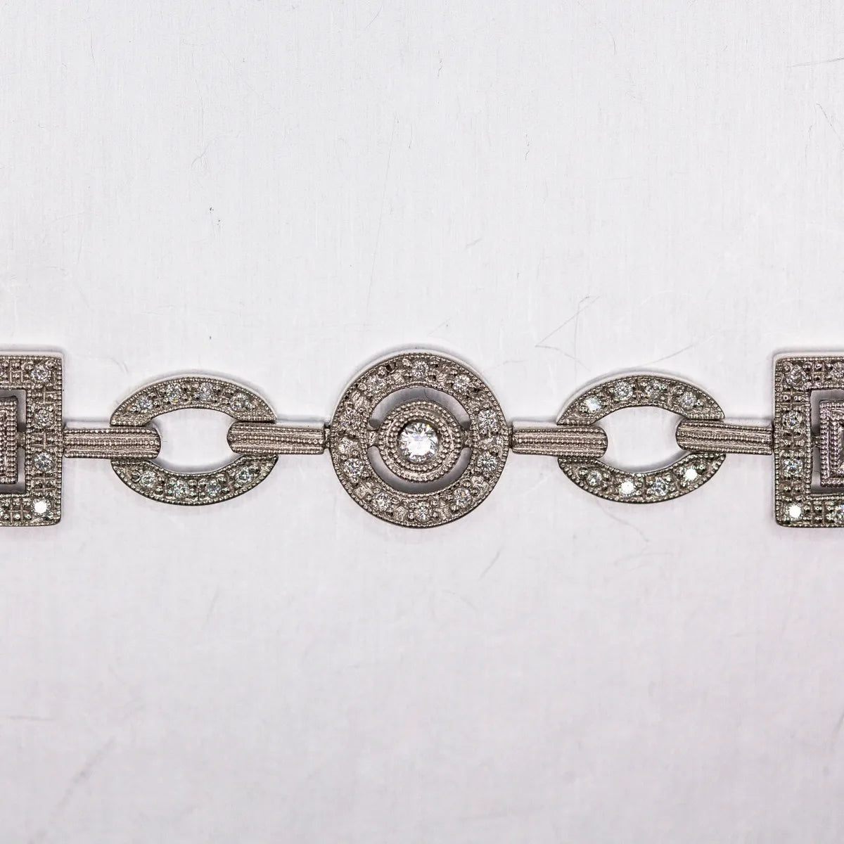 1.04 carats fine diamonds in geometric shaped links/ 14k White Gold Bracelet