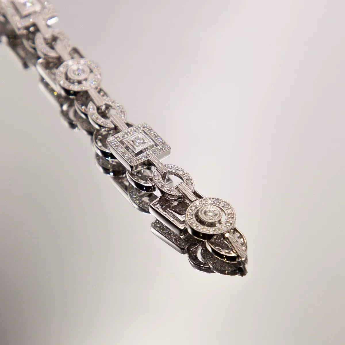 1.04 carats fine diamonds in geometric shaped links/ 14k White Gold Bracelet