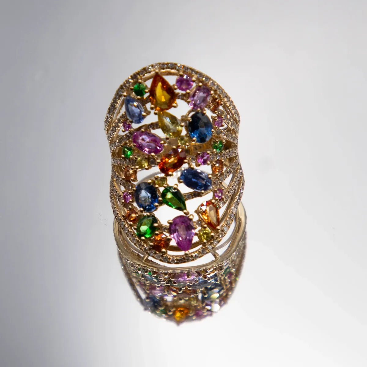 5.47 Carats Sapphire Array/ Tutti Frutti/ 0.62cts, Fine Diamonds 14k Yellow Ring