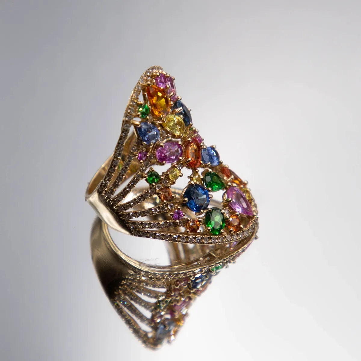 5.47 Carats Sapphire Array/ Tutti Frutti/ 0.62cts, Fine Diamonds 14k Yellow Ring