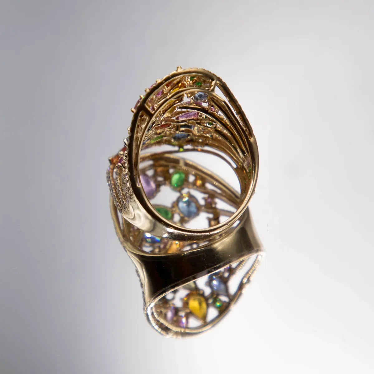 5.47 Carats Sapphire Array/ Tutti Frutti/ 0.62cts, Fine Diamonds 14k Yellow Ring