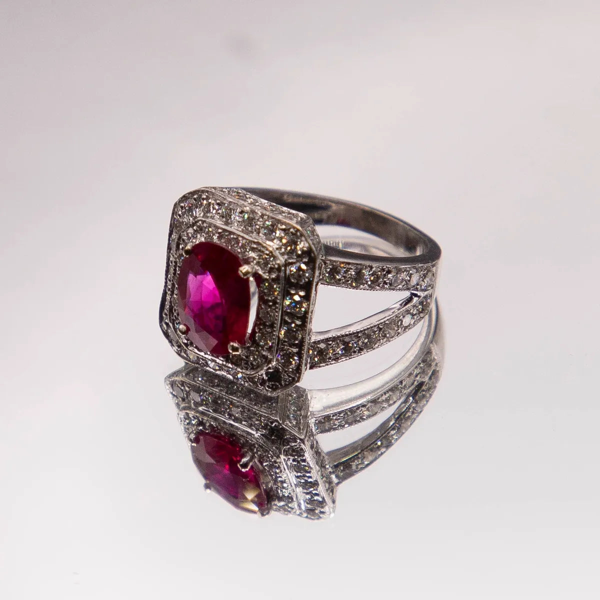 2.03ct. Oval Burma Ruby AGL Certified Fine Red/ 2.85cts. E Color Diamonds