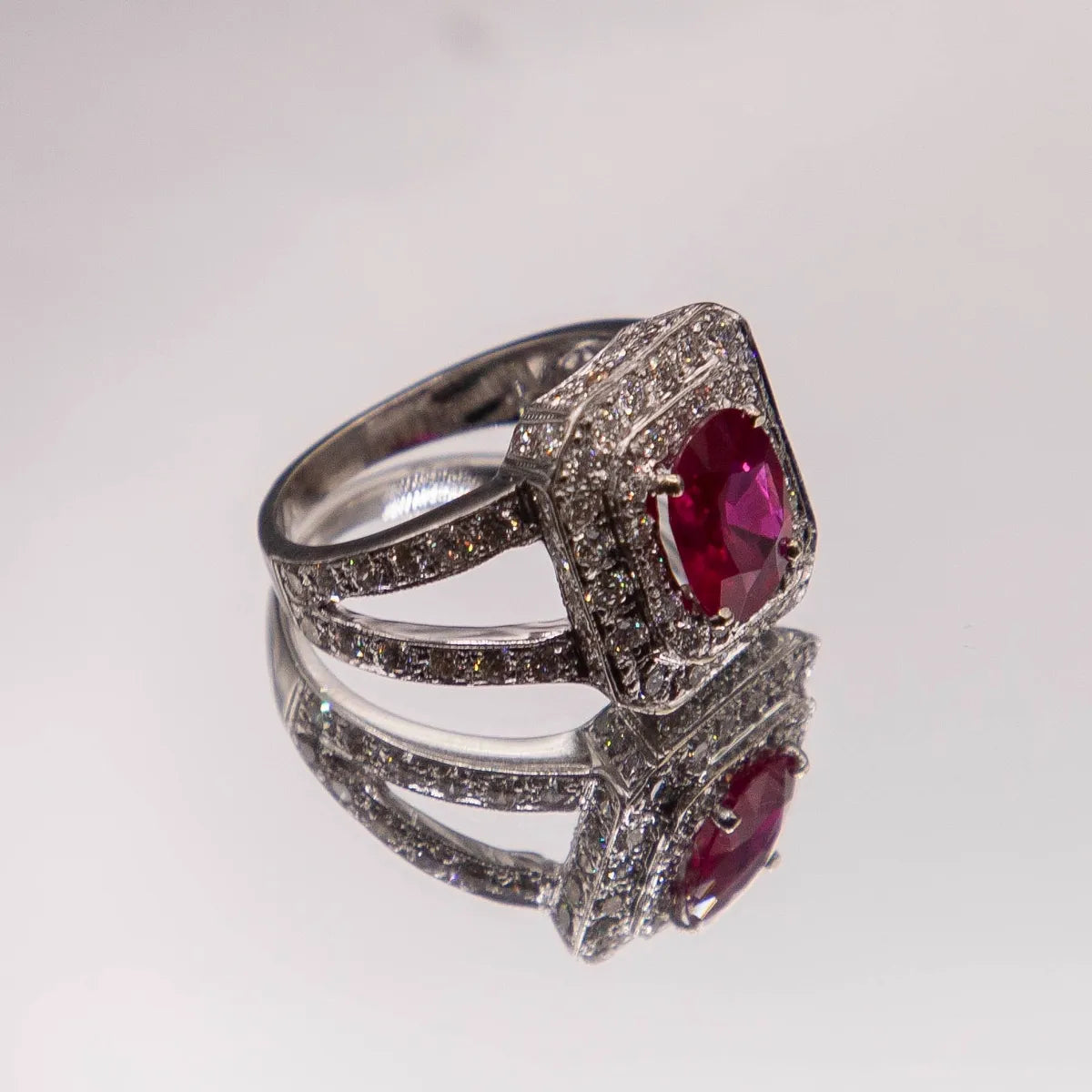 2.03ct. Oval Burma Ruby AGL Certified Fine Red/ 2.85cts. E Color Diamonds