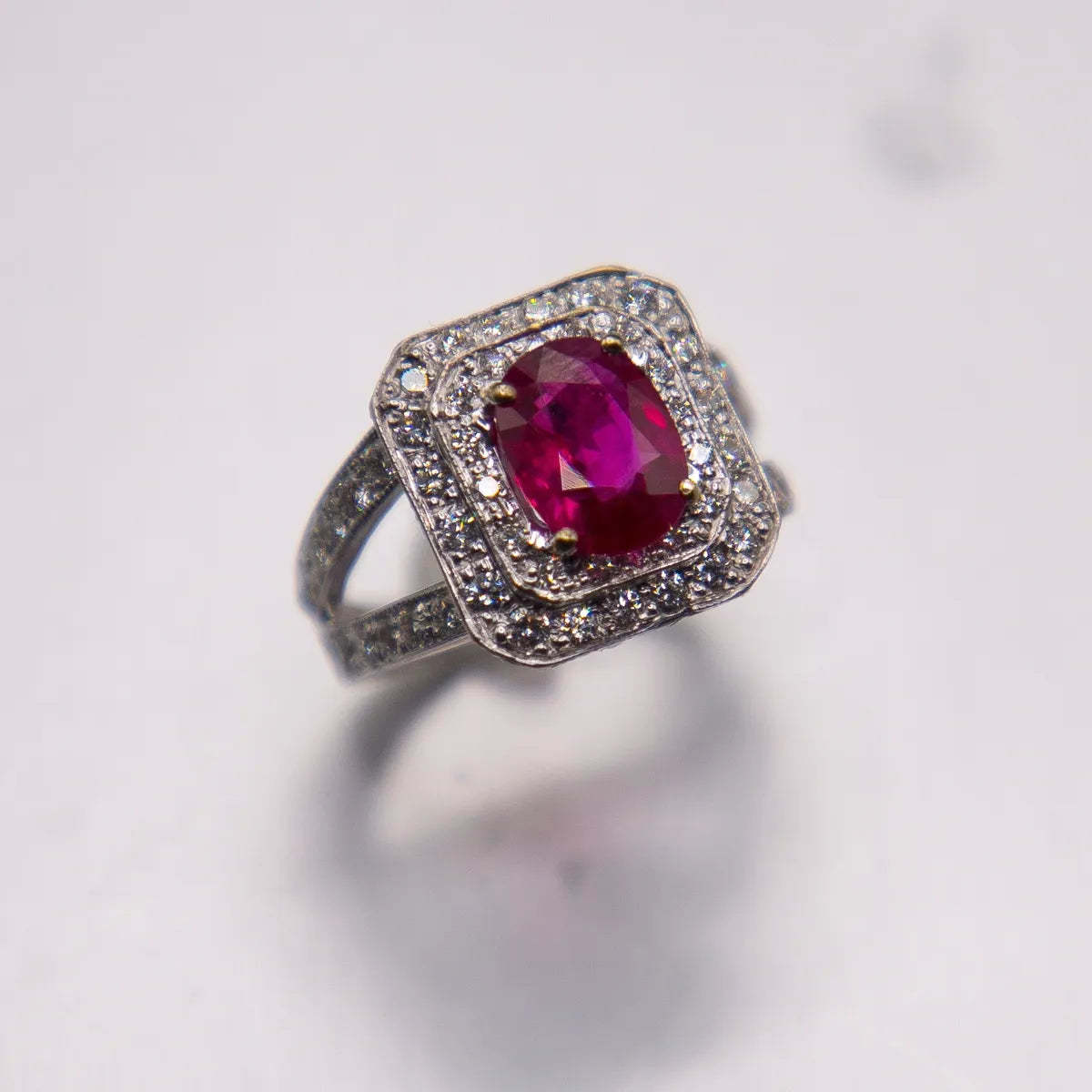 2.03ct. Oval Burma Ruby AGL Certified Fine Red/ 2.85cts. E Color Diamonds