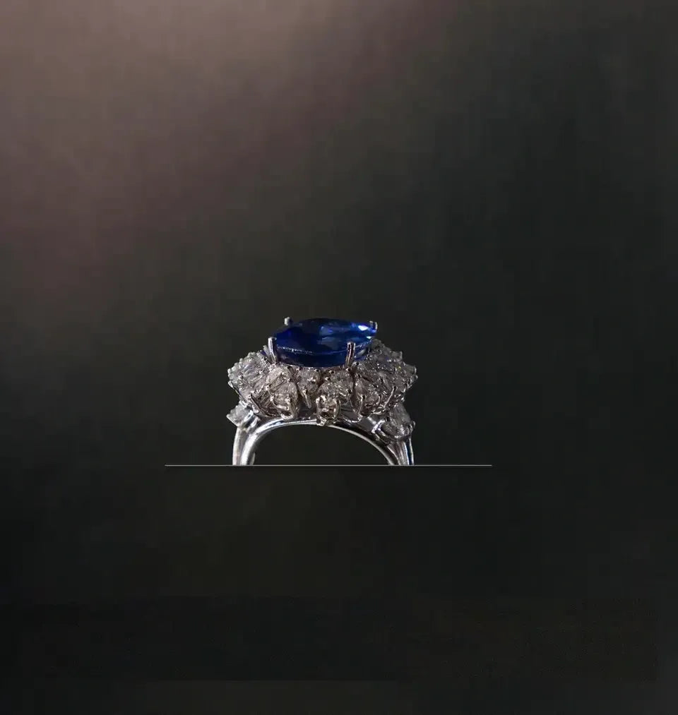 8.39 Carat Oval Blue Sapphire GRS Certified, 3.17 Carats Diamond 18k White Gold