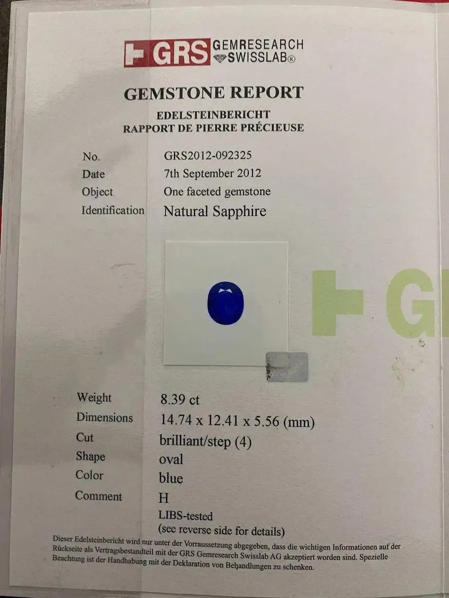 8.39 Carat Oval Blue Sapphire GRS Certified, 3.17 Carats Diamond 18k White Gold