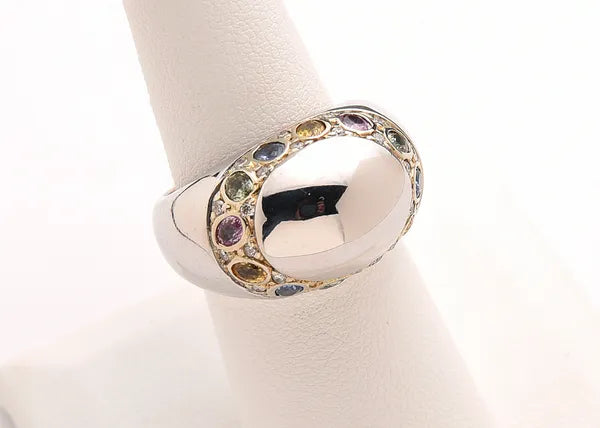 14k Multi- Color Sapphire and Diamond Domed Estate ring.