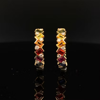 18k Gold Rainbow Gem & Diamond Hoops