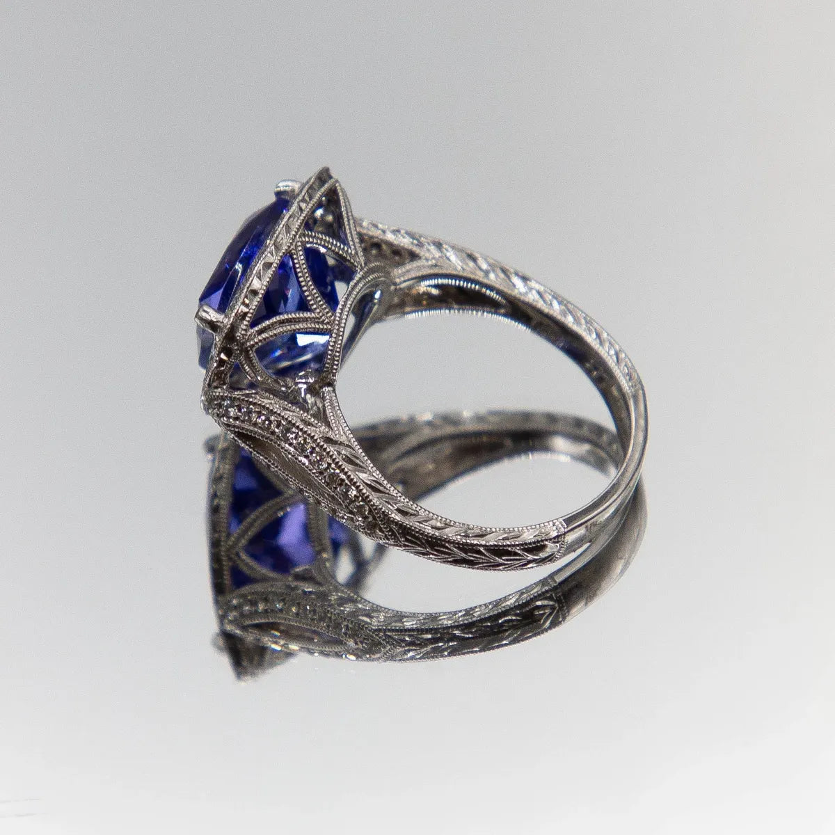 6.13 carat designer trillion-cut Tanzanite 18k gold diamond ring/ hand engraved #J0486