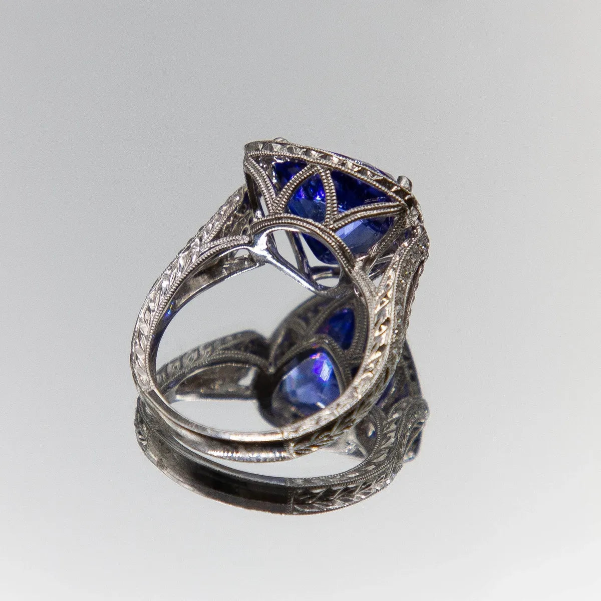 6.13 carat designer trillion-cut Tanzanite 18k gold diamond ring/ hand engraved #J0486