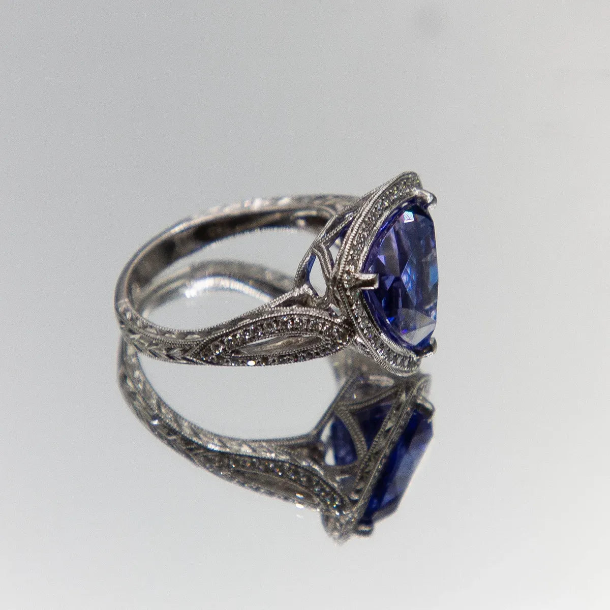 6.13 carat designer trillion-cut Tanzanite 18k gold diamond ring/ hand engraved #J0486