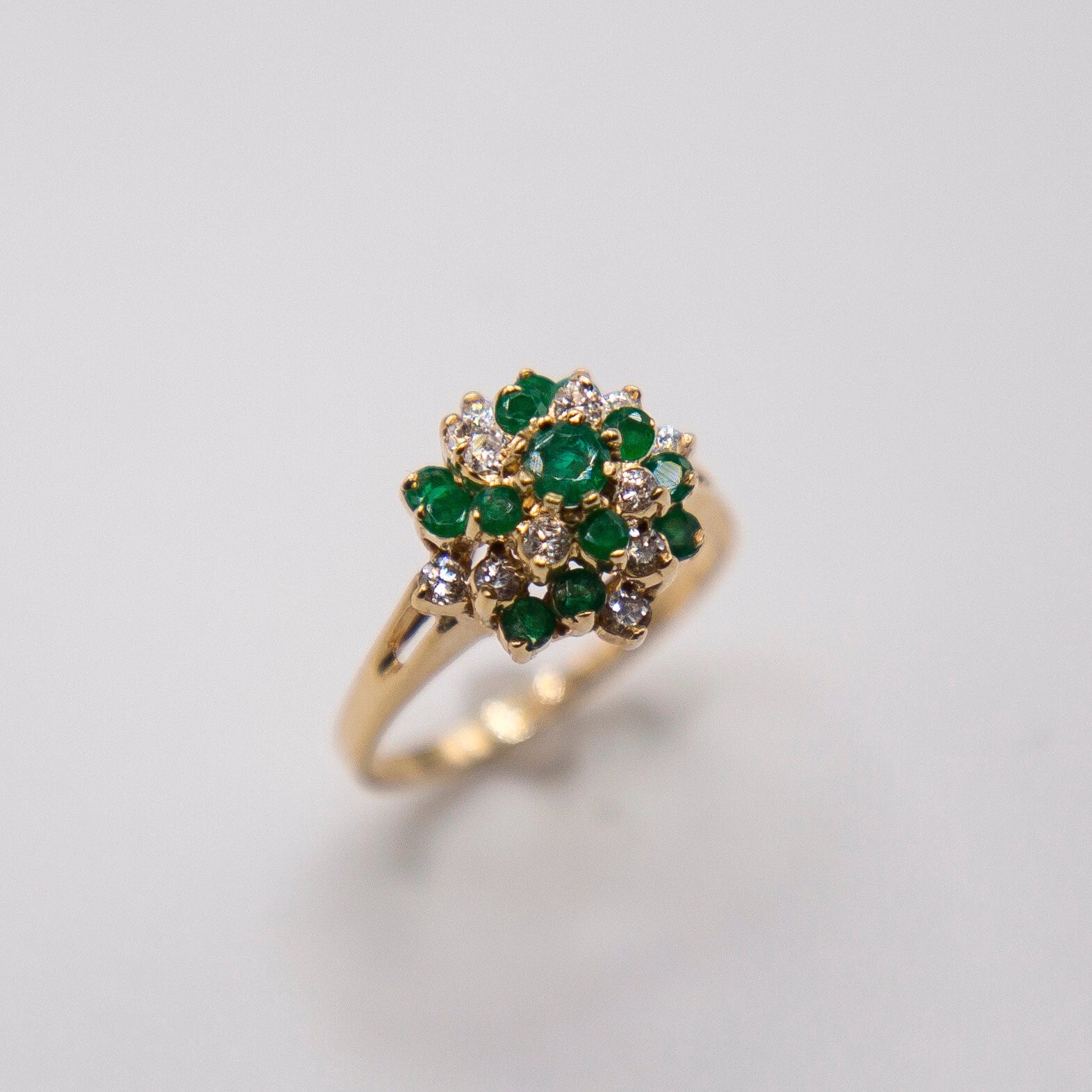 Diamond Emerald Ring 14k yellow gold 13 round Zambian emeralds
