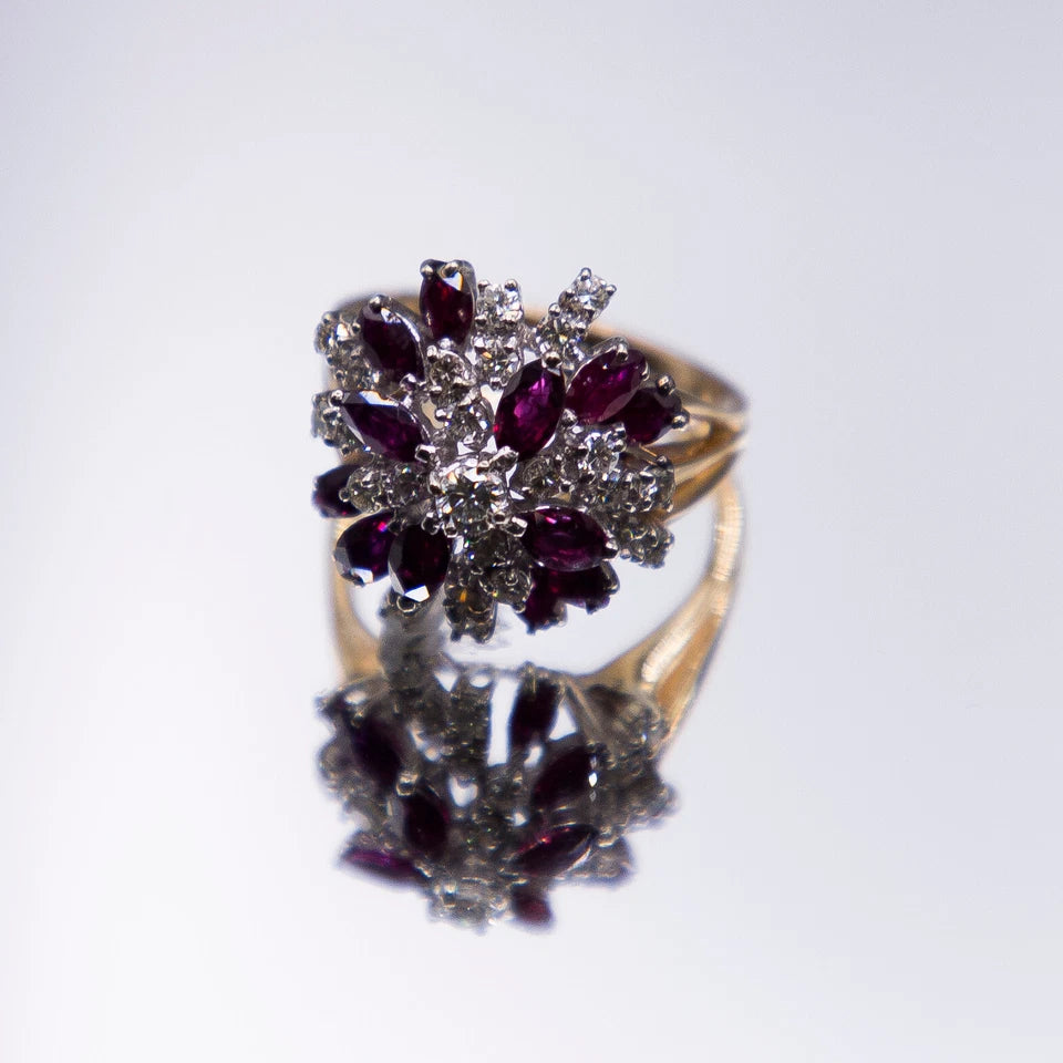 18k 2.50 carats ruby and 0.92 carats diamond pinwheel cluster. Florida estate.