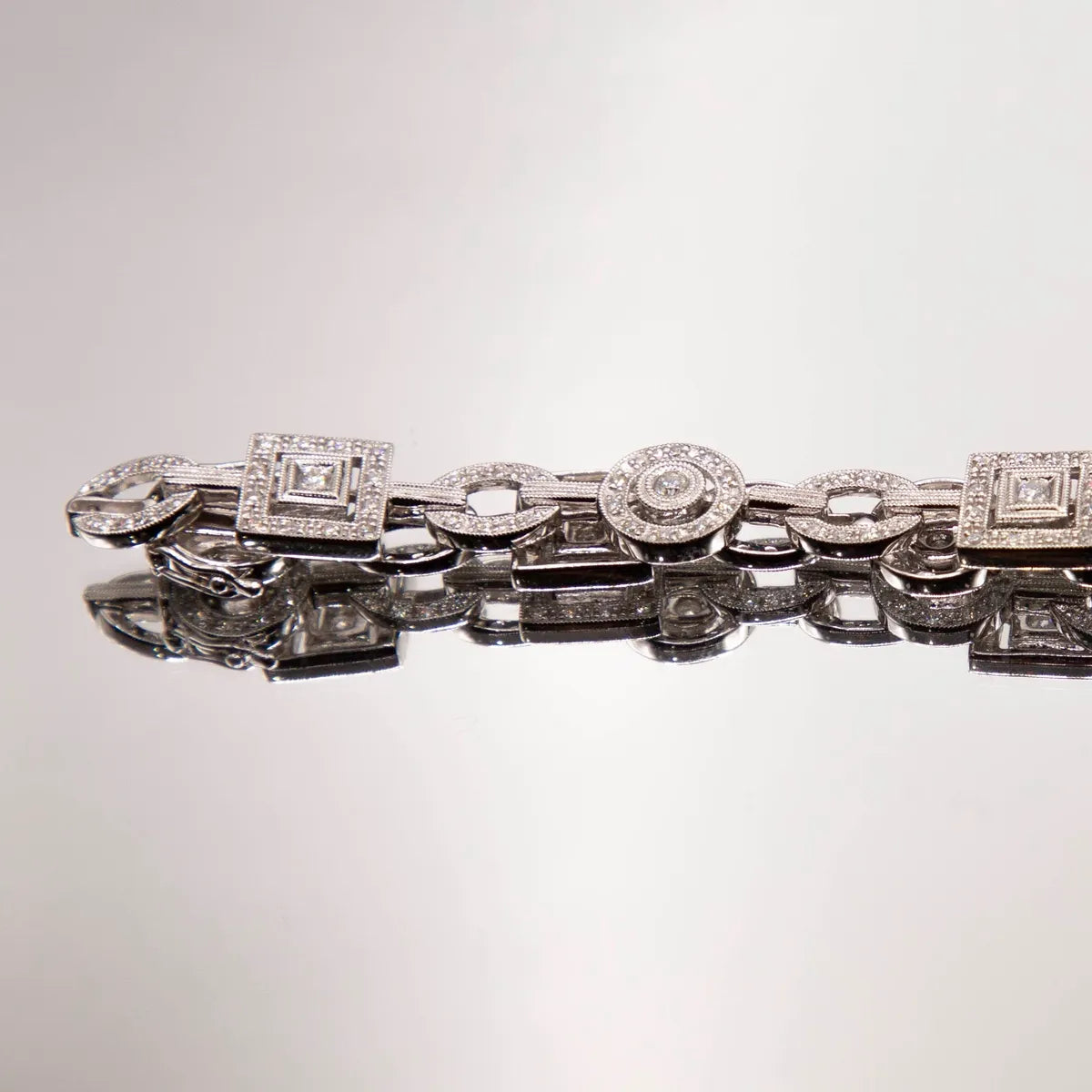 1.04 carats fine diamonds in geometric shaped links/ 14k White Gold Bracelet