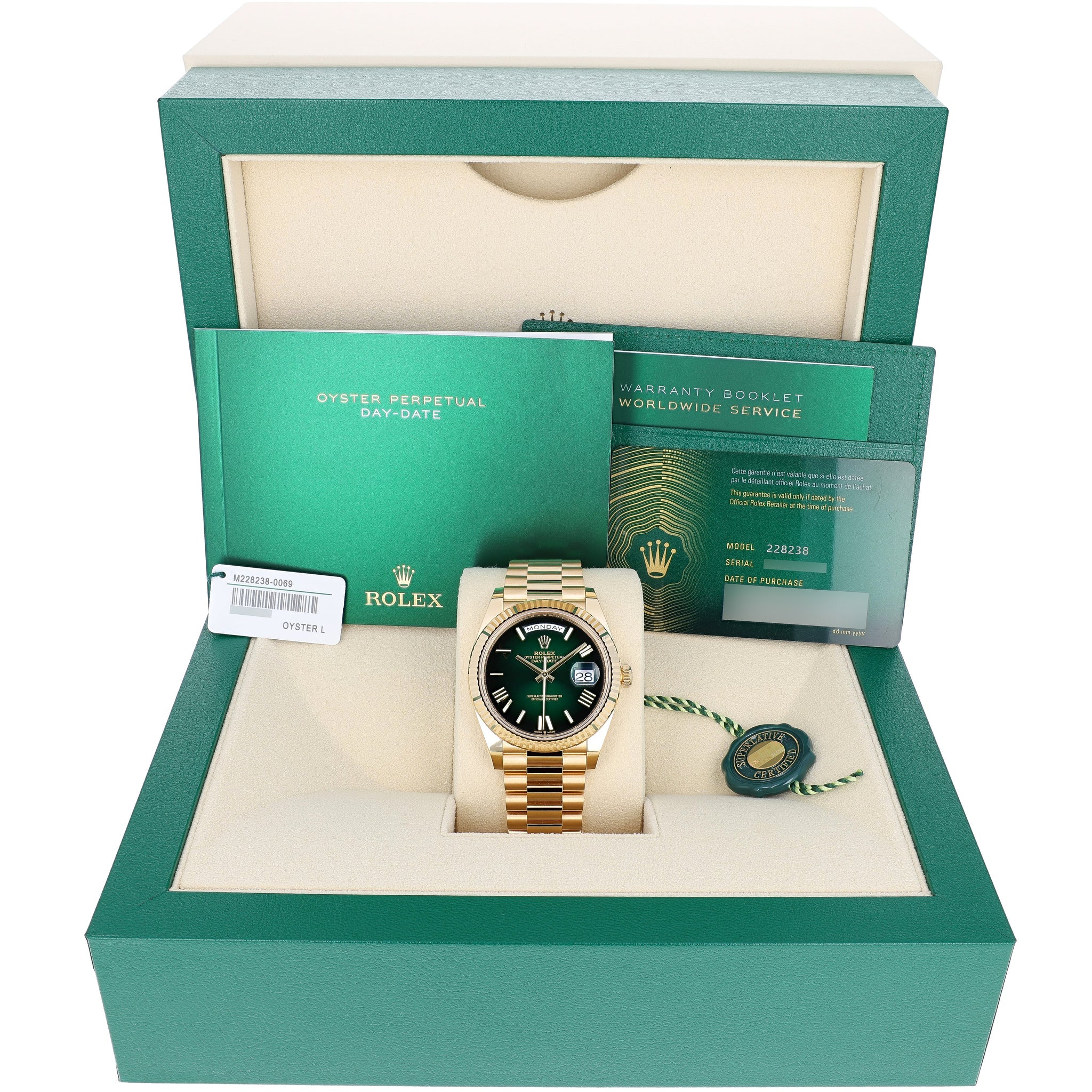 Rolex Day-Date 40 mm 228238 Green Ombre NEW 2025 President Yellow Gold