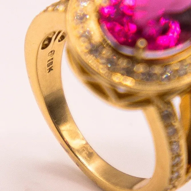 18k Yellow Gold 4.59 Carat Oval Pink Tourmaline and Diamond Ring