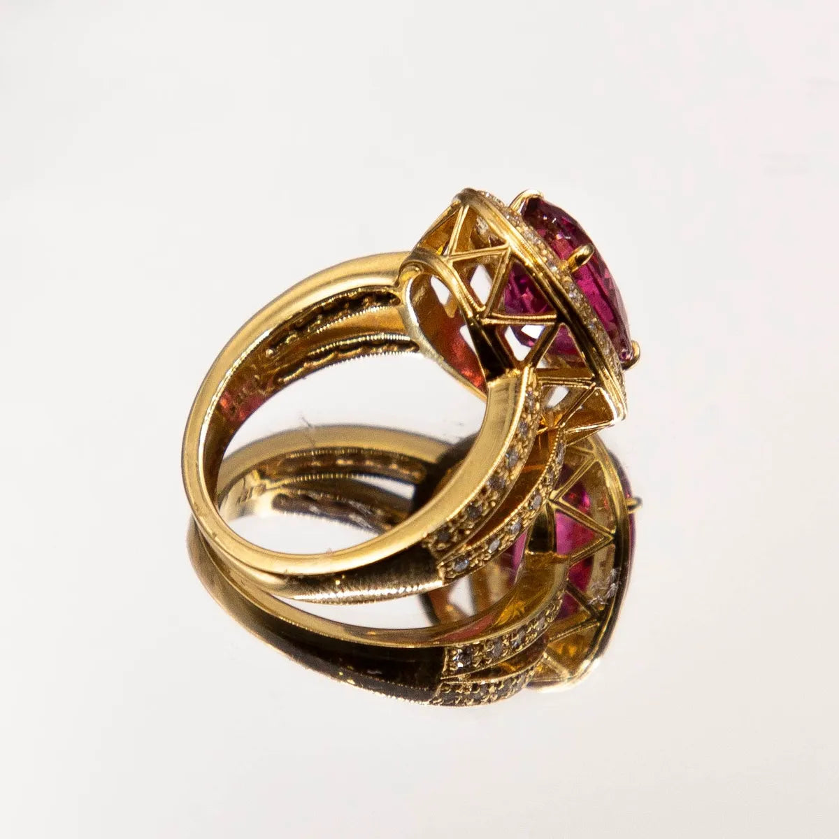 18k Yellow Gold 4.59 Carat Oval Pink Tourmaline and Diamond Ring