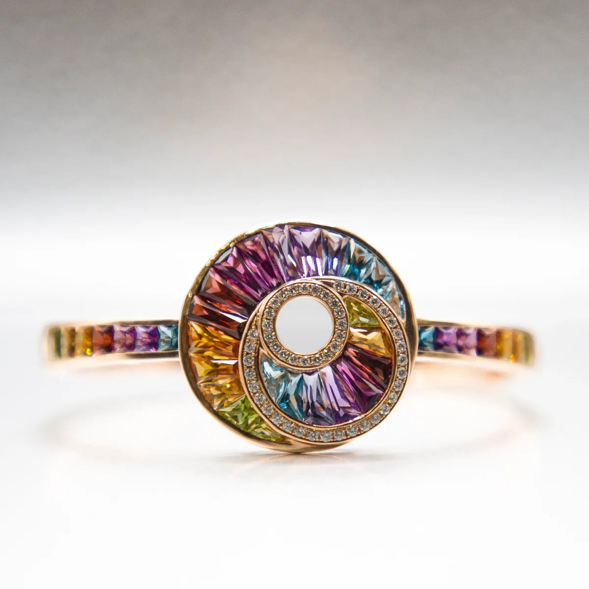 11.51 carats multi gems and diamonds 14k rose gold cuff bracelet