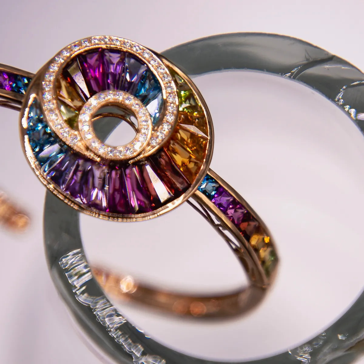 11.51 carats multi gems and diamonds 14k rose gold cuff bracelet
