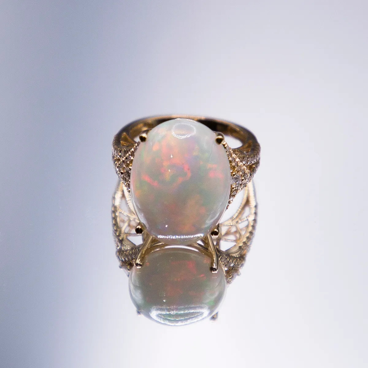11.83 Carat Rare Lightning Ridge Crystal Opal 14k Yellow Gold Diamond Ring
