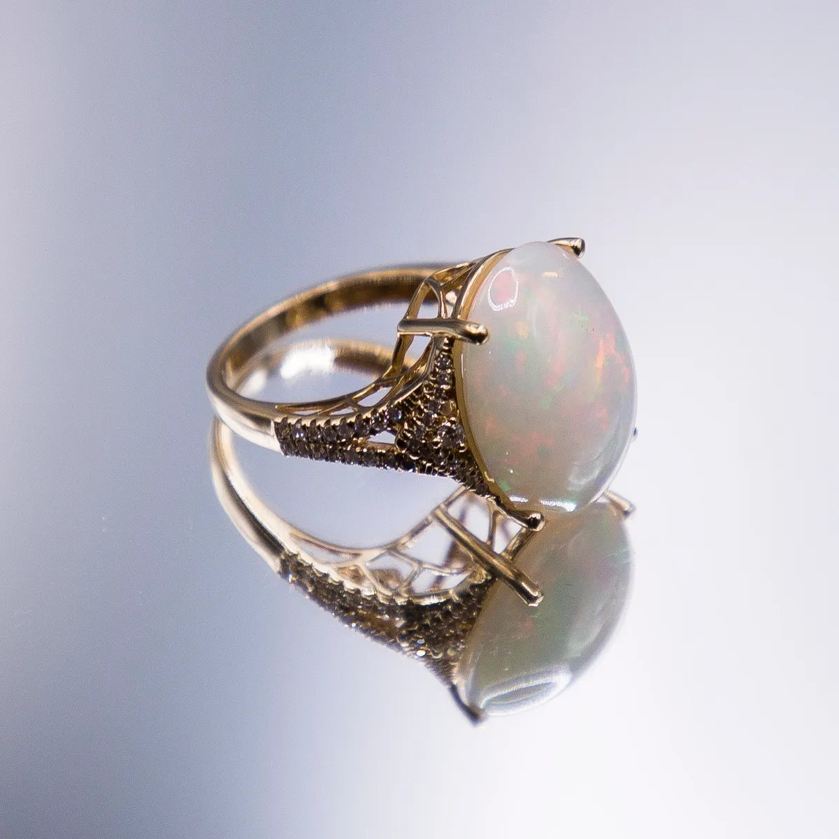 11.83 Carat Rare Lightning Ridge Crystal Opal 14k Yellow Gold Diamond Ring