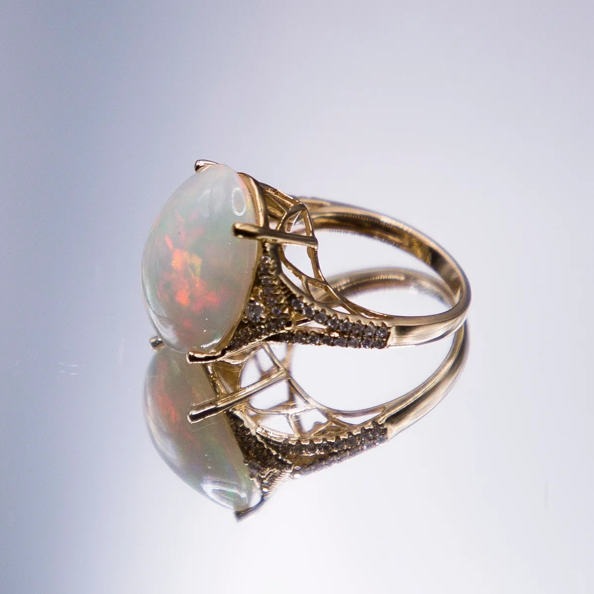 11.83 Carat Rare Lightning Ridge Crystal Opal 14k Yellow Gold Diamond Ring