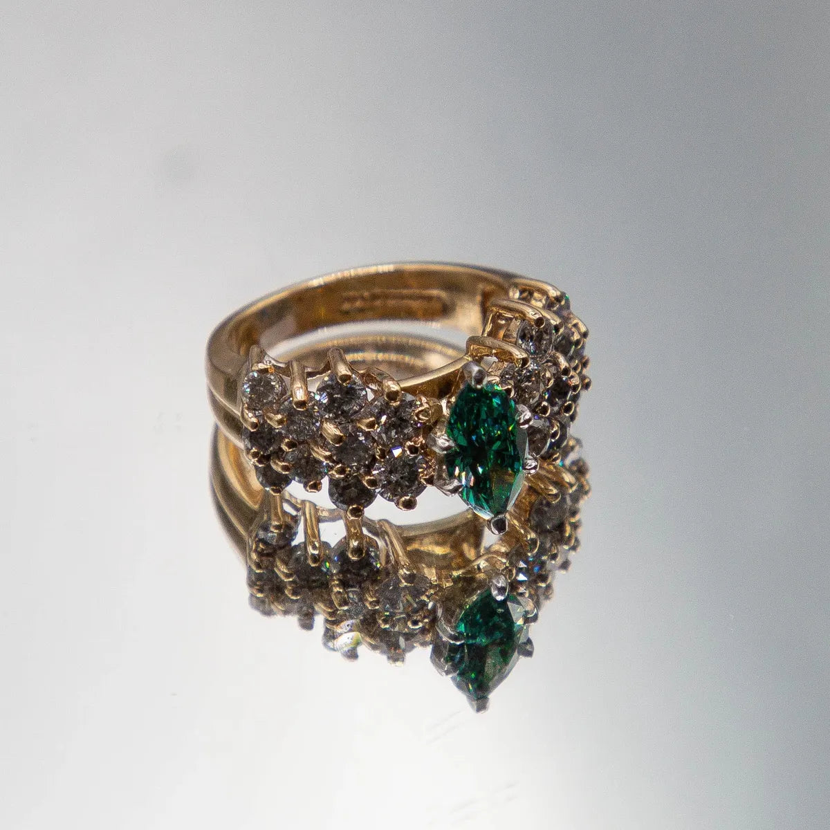 14k Wedding Ring W/ Teal Green Marquise Diamond/Round Diamonds /Total 3.09cts
