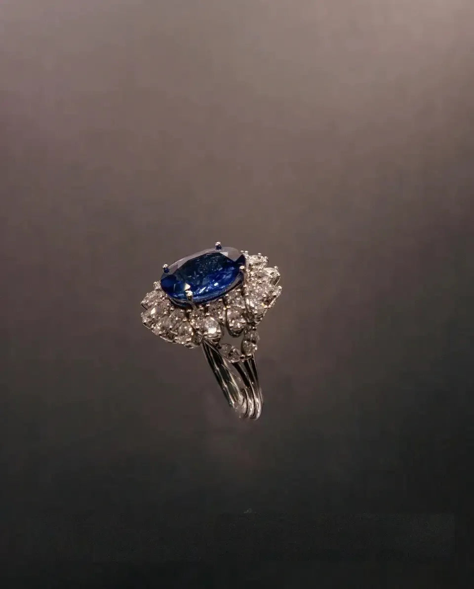 8.39 Carat Oval Blue Sapphire GRS Certified, 3.17 Carats Diamond 18k White Gold
