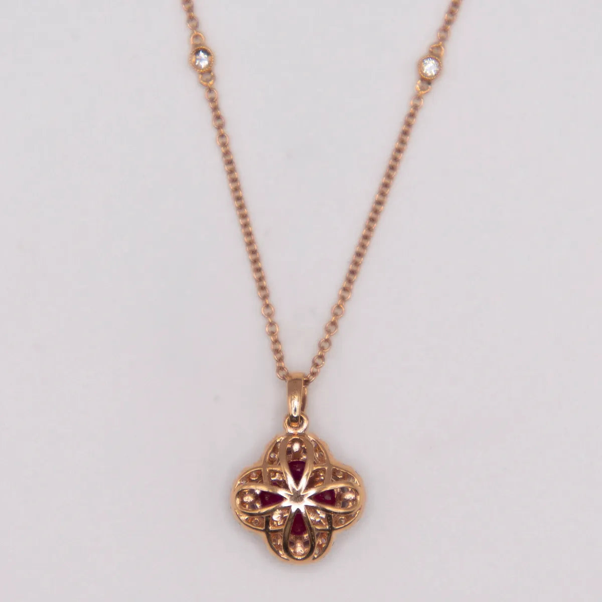 1.32 carat Burma ruby Diamond rose gold Alhambra Pendant