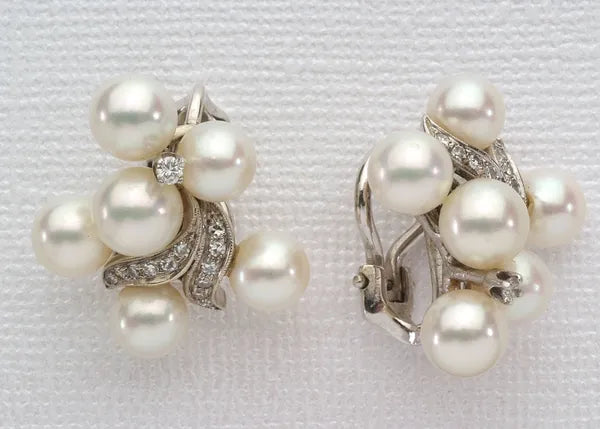 14k White Gold French Clip Pearl and Diamond Earrings #J0051
