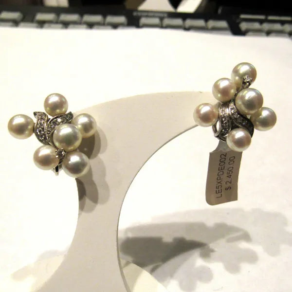 14k White Gold French Clip Pearl and Diamond Earrings #J0051