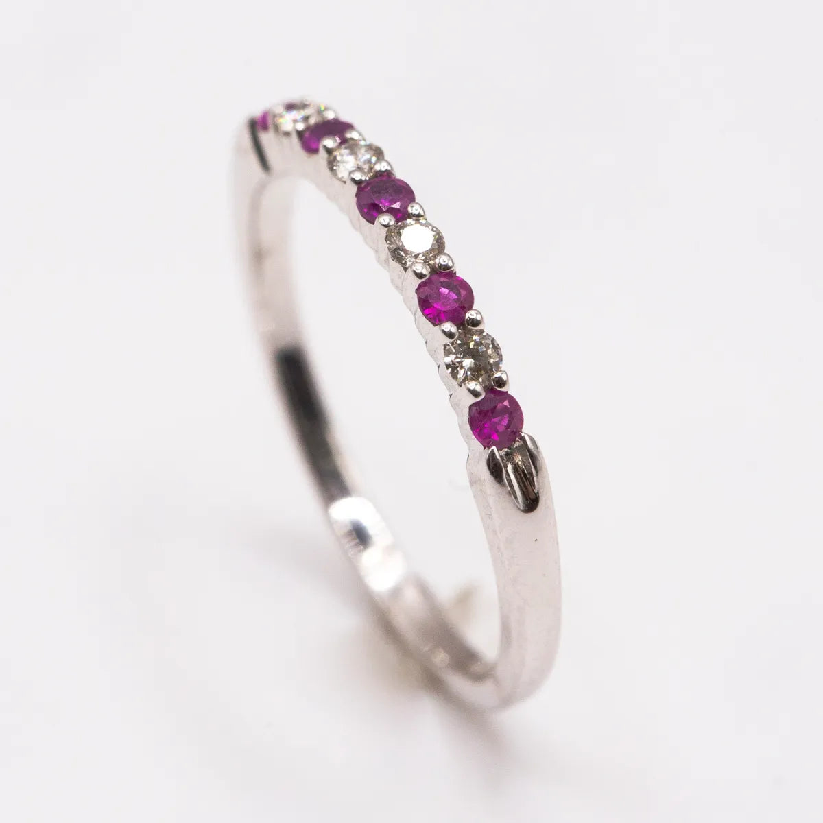 14k White Gold Ring/ Ruby and Diamond Wedding Band/ Stackable 0.26 Carats #J0522