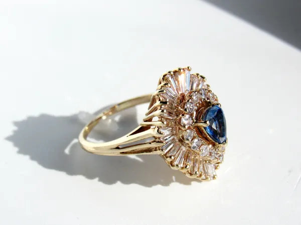 14K Yellow Gold Blue Pear Shaped Ceylon Sapphire/Diamond Ring 2.35 Carats Total