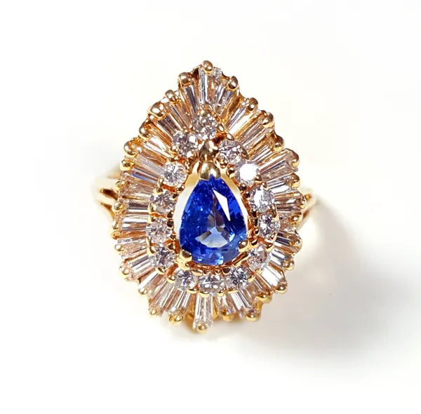 14K Yellow Gold Blue Pear Shaped Ceylon Sapphire/Diamond Ring 2.35 Carats Total