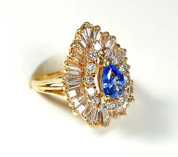 14K Yellow Gold Blue Pear Shaped Ceylon Sapphire/Diamond Ring 2.35 Carats Total