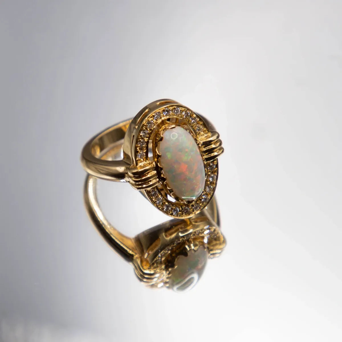 18k Yellow 1.94 Carat Lightning Ridge Red Flash Opal and Diamond Ring #J0313