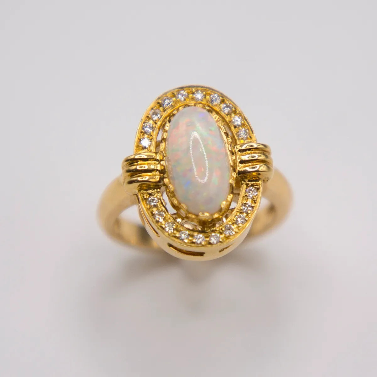 18k Yellow 1.94 Carat Lightning Ridge Red Flash Opal and Diamond Ring #J0313