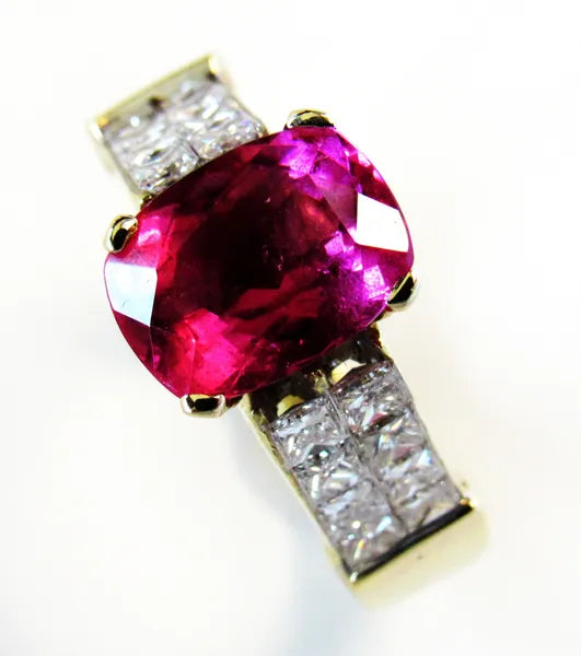 2.41 carat hot Bubble Gum Pink Tourmaline/ 1.00 carats diamonds 18k ring #J0283
