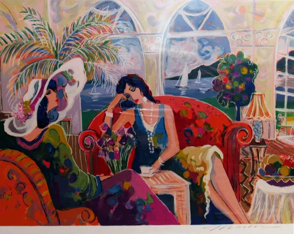 Two Women On Orange Couch by Isaac Maimon