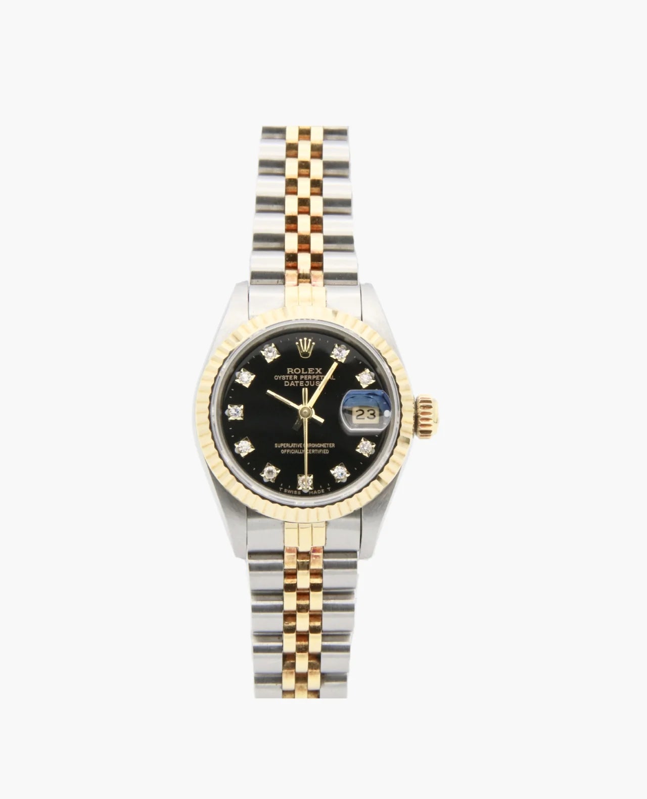 Rolex Women's Datejust Two Tone Fluted Factory Black Diamond Dial