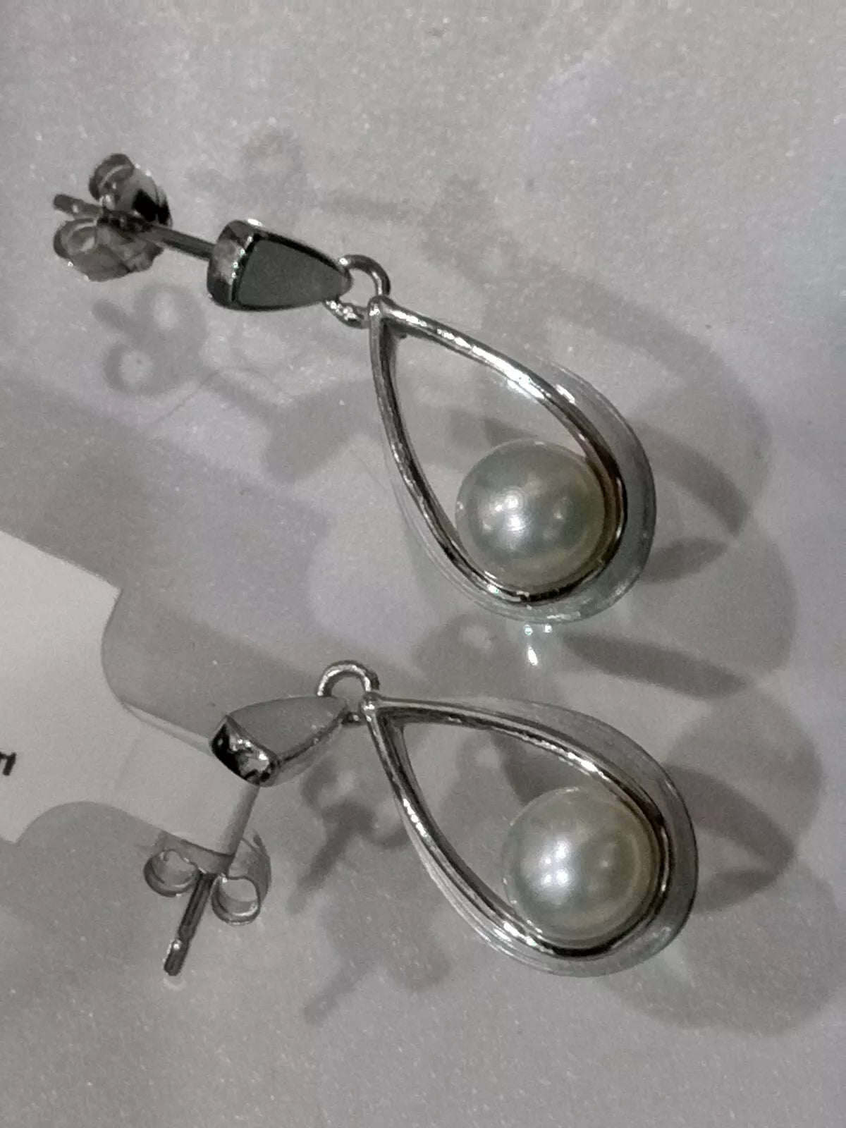 nicole barr teardrop white pearl ribbon style satin finish post earrings