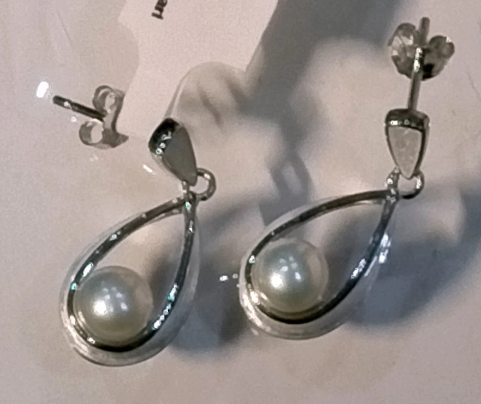 nicole barr teardrop white pearl ribbon style satin finish post earrings